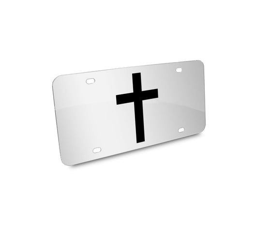 a white license plate with a black cross on it