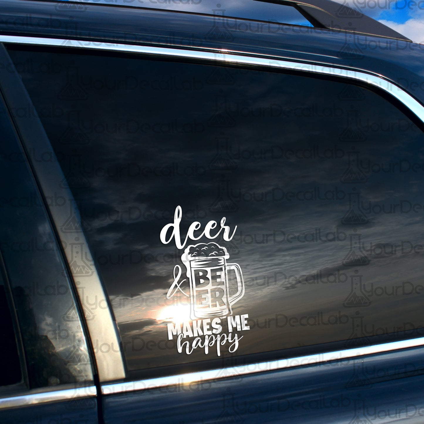 a car with a decal that says deer makes me happy