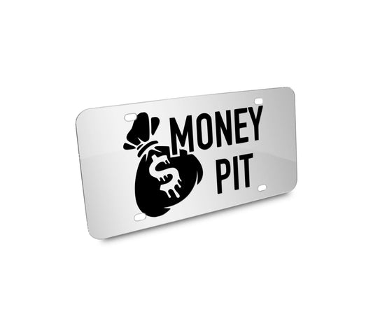 a white license plate that says money pit