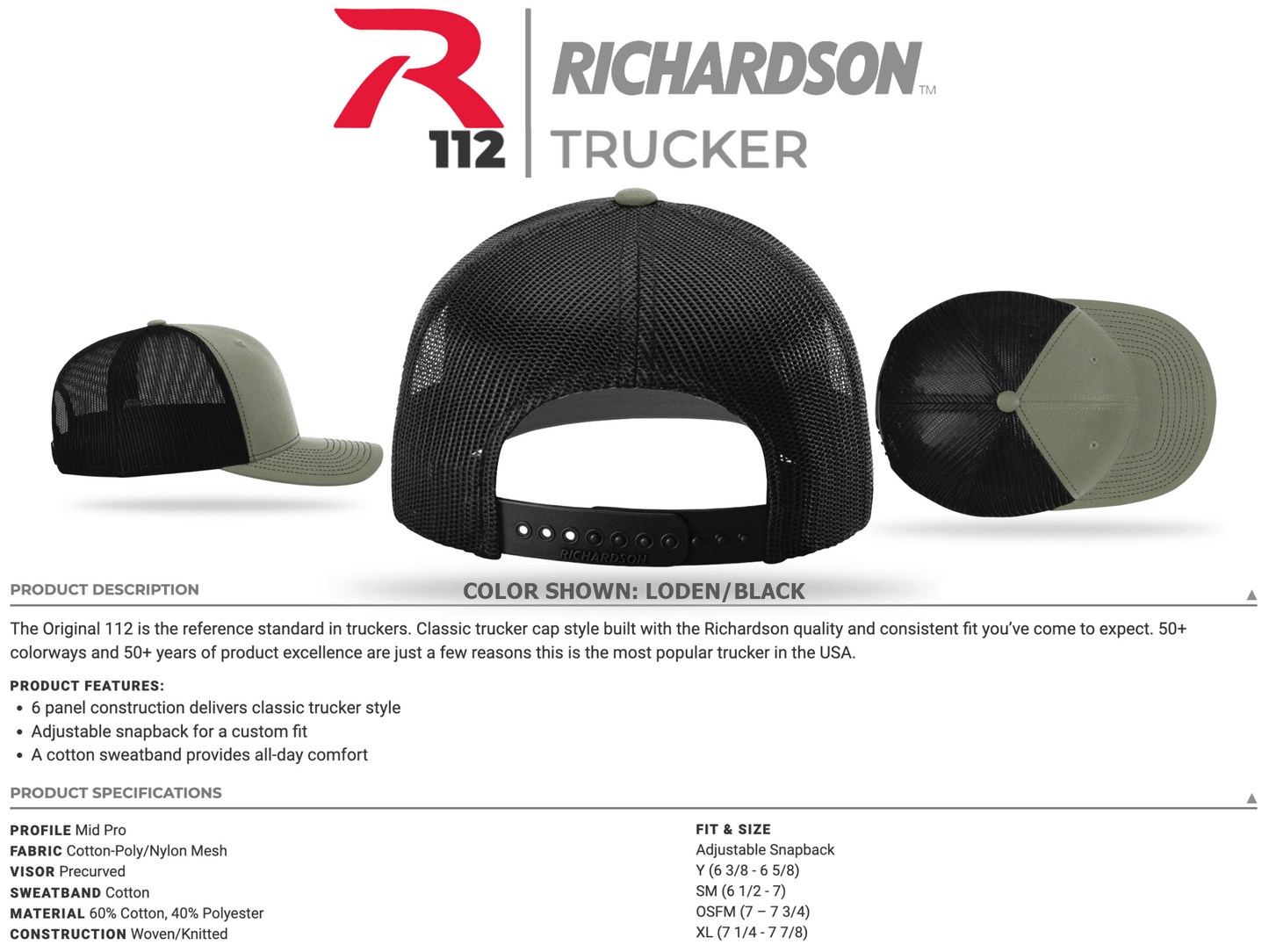 Fishing Boat Richardson 112 Trucker Mesh Back Hat Charcoal/White / Mid-Profile R112 - One Size Fits Most