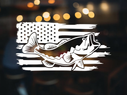 Bass American Flag Decal - Many Colors & Sizes