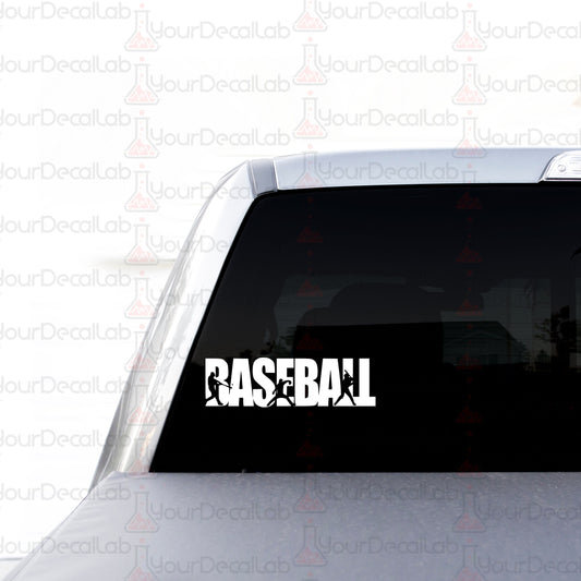 a baseball sticker on the back of a car