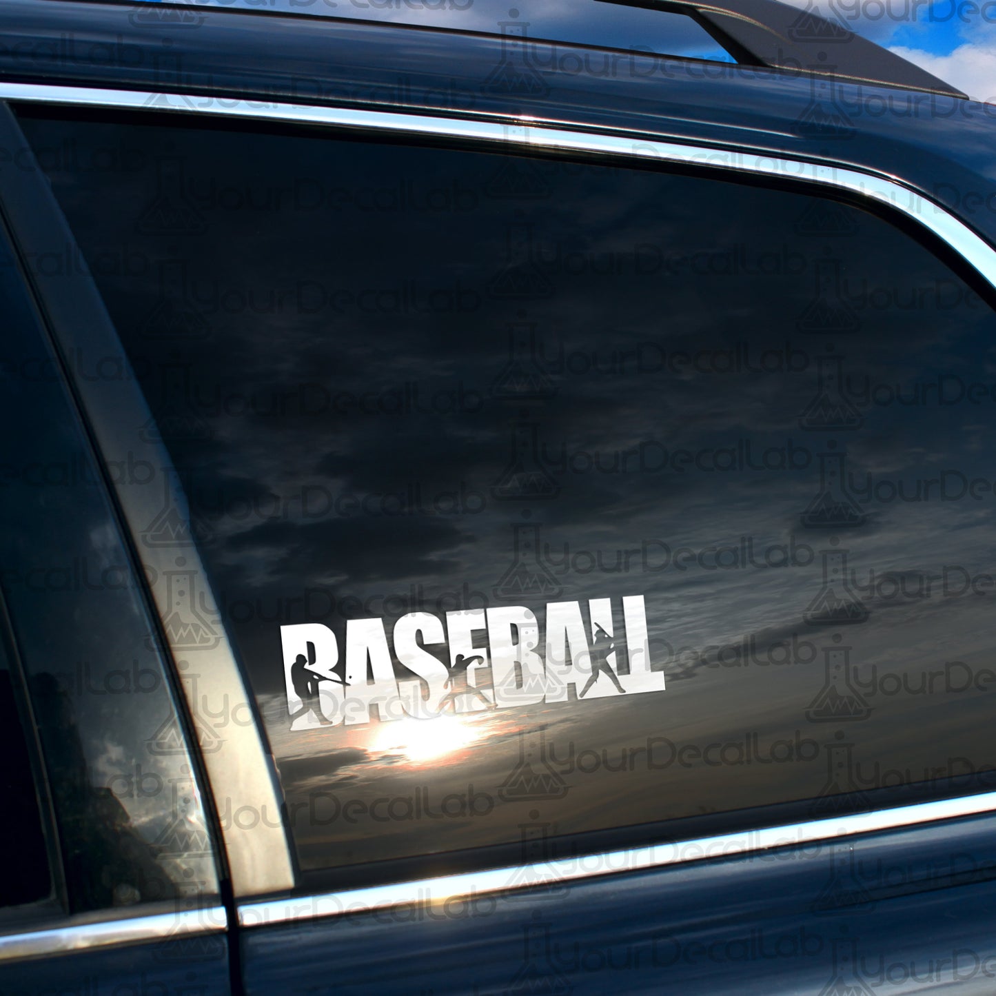 a close up of the word baseball on the side of a car