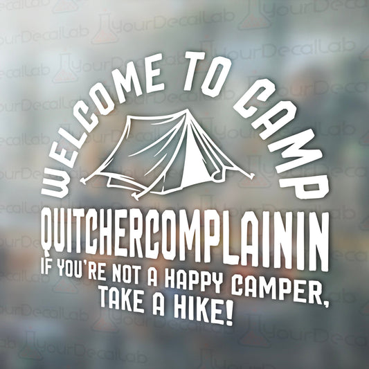 a sticker that says welcome to camp and a picture of a tent