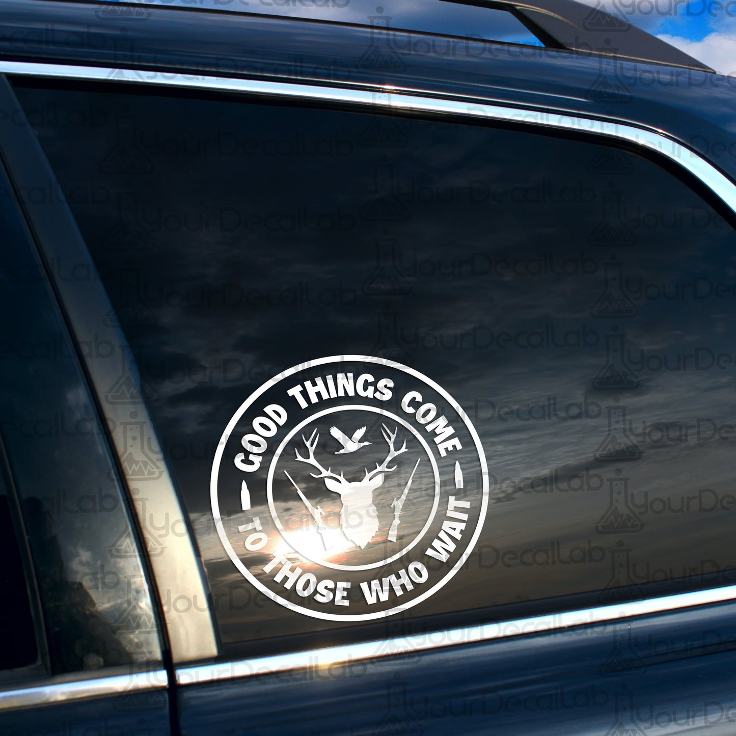 a sticker on the side of a car that says good things come to those