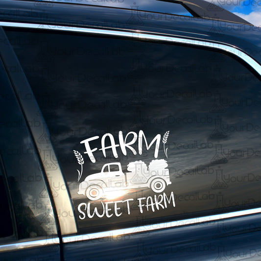 a sticker on the side of a car that says farm sweet farm