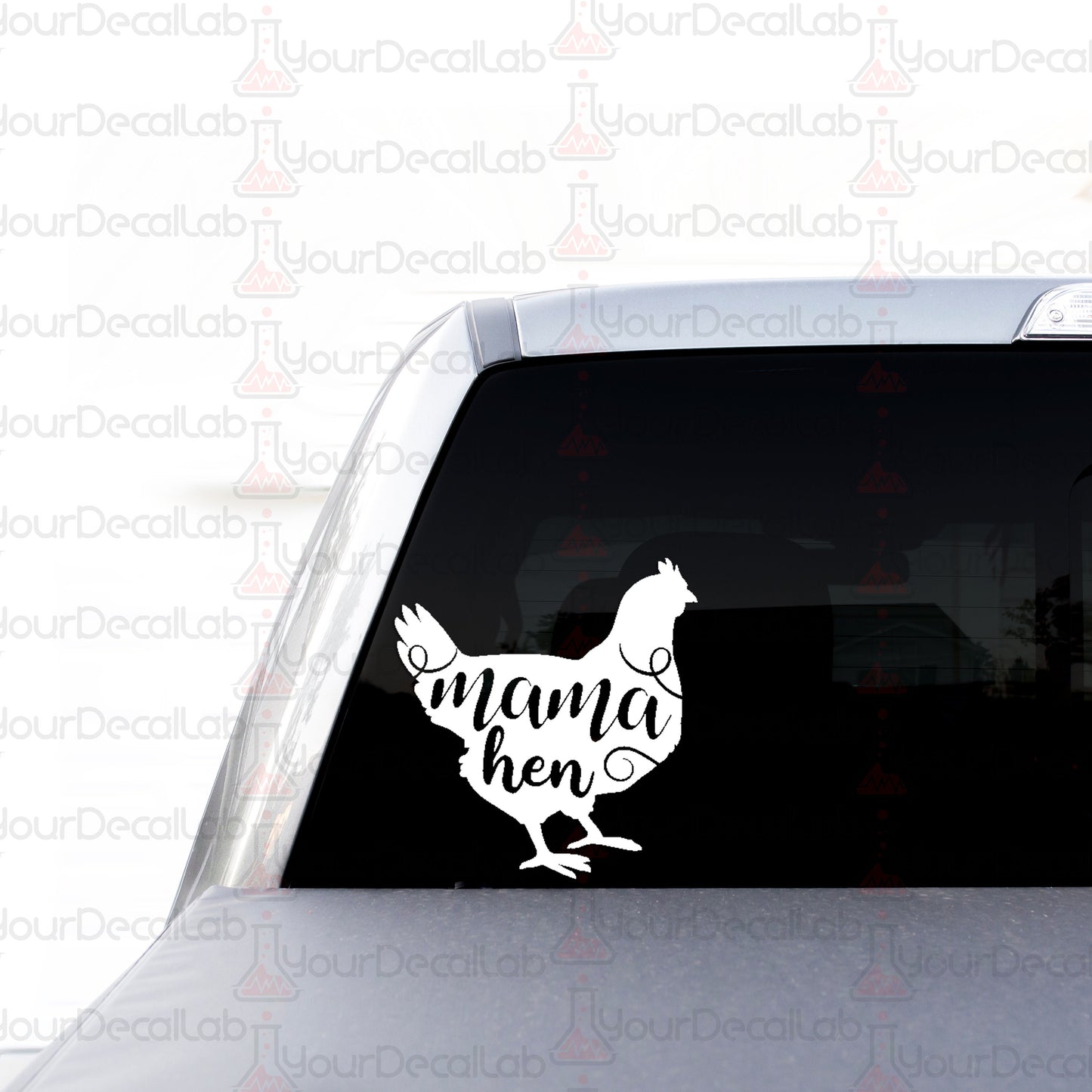 a sticker on the back of a car that says mama hen
