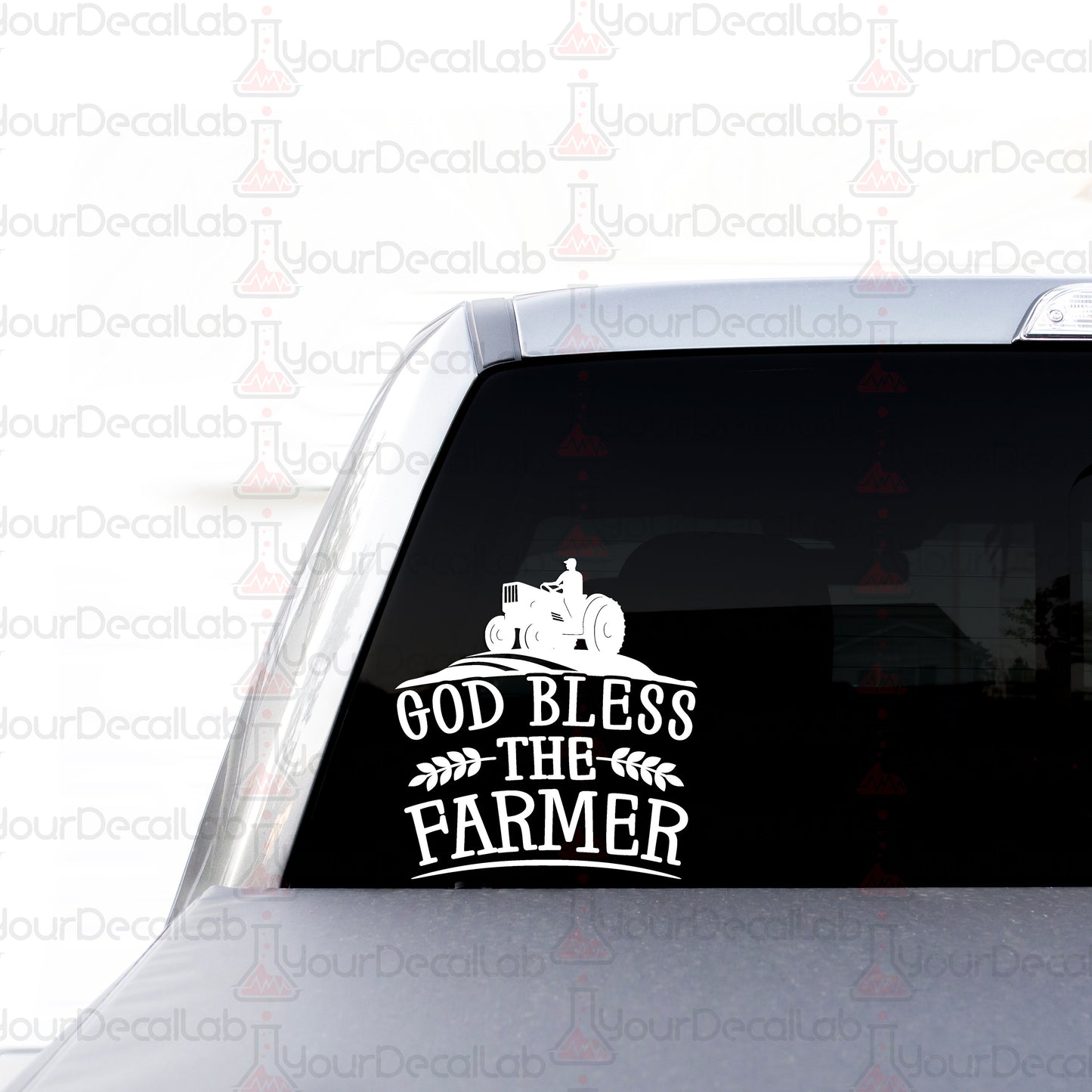 a truck with a sticker that says god bless and the farmer