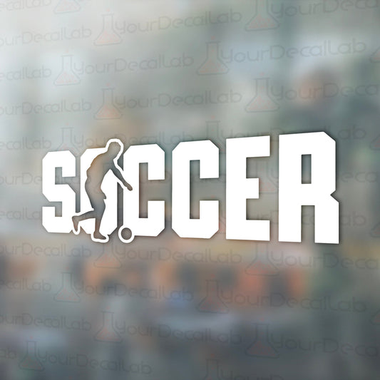 the word soccer on a blurry background