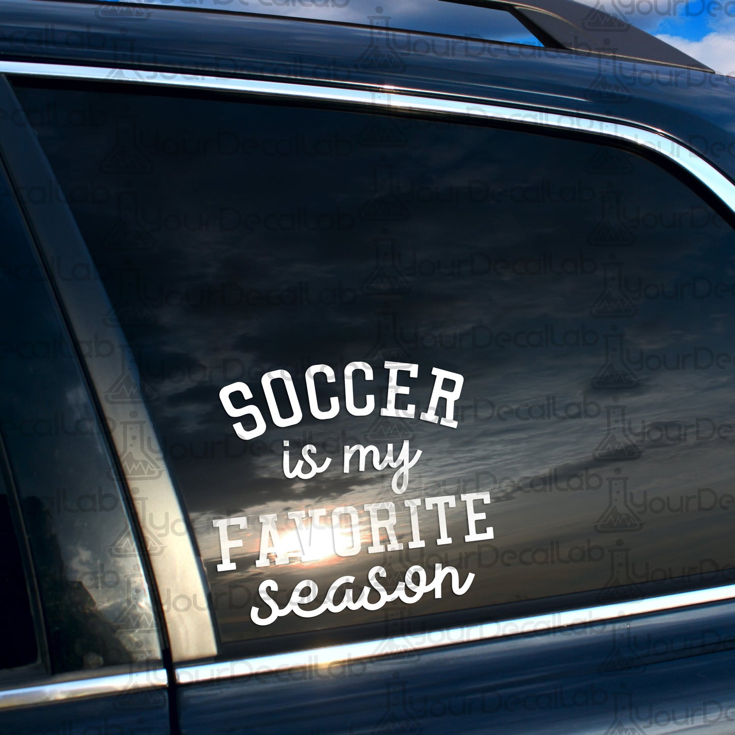 a car with a sticker that says soccer is my favorite season