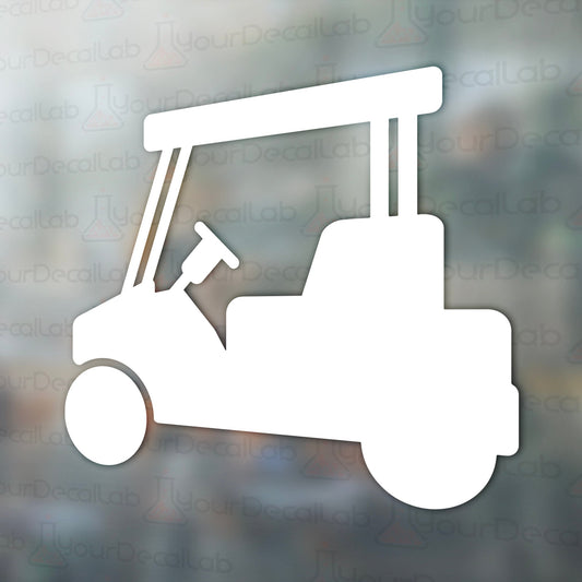 a white silhouette of a golf cart on a blurry background