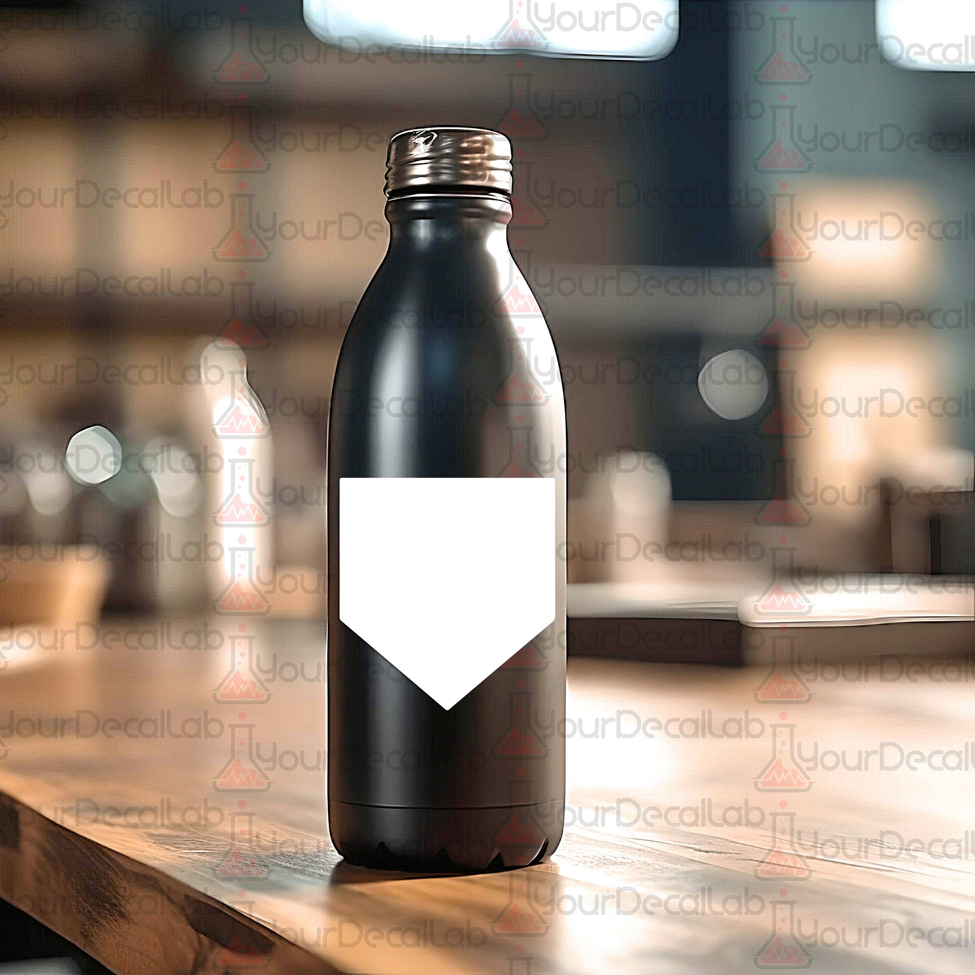 a black bottle with a white triangle on it