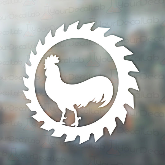 a white rooster logo on a glass background