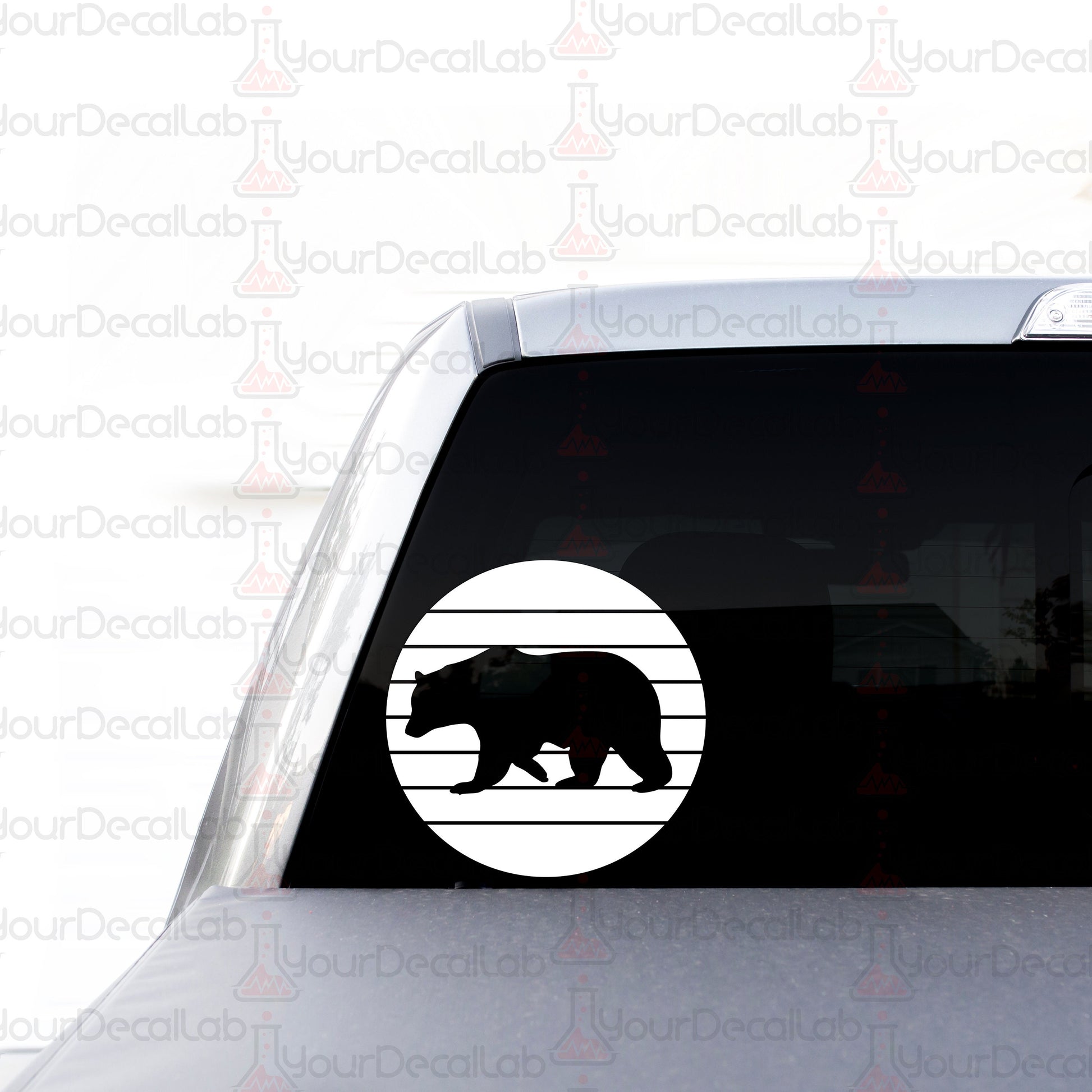 a sticker of a bear on the back of a car
