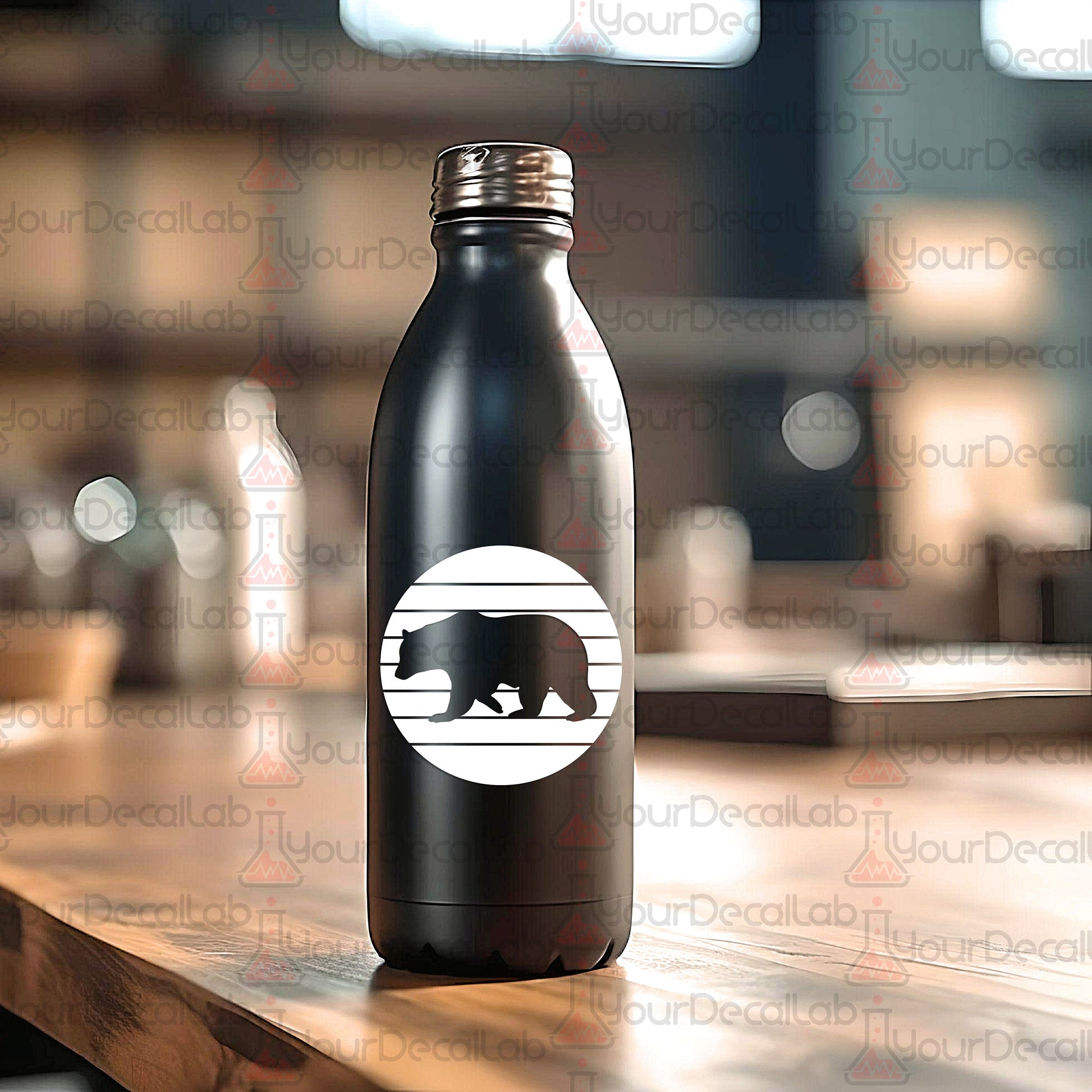 a black bottle with a white bear on it