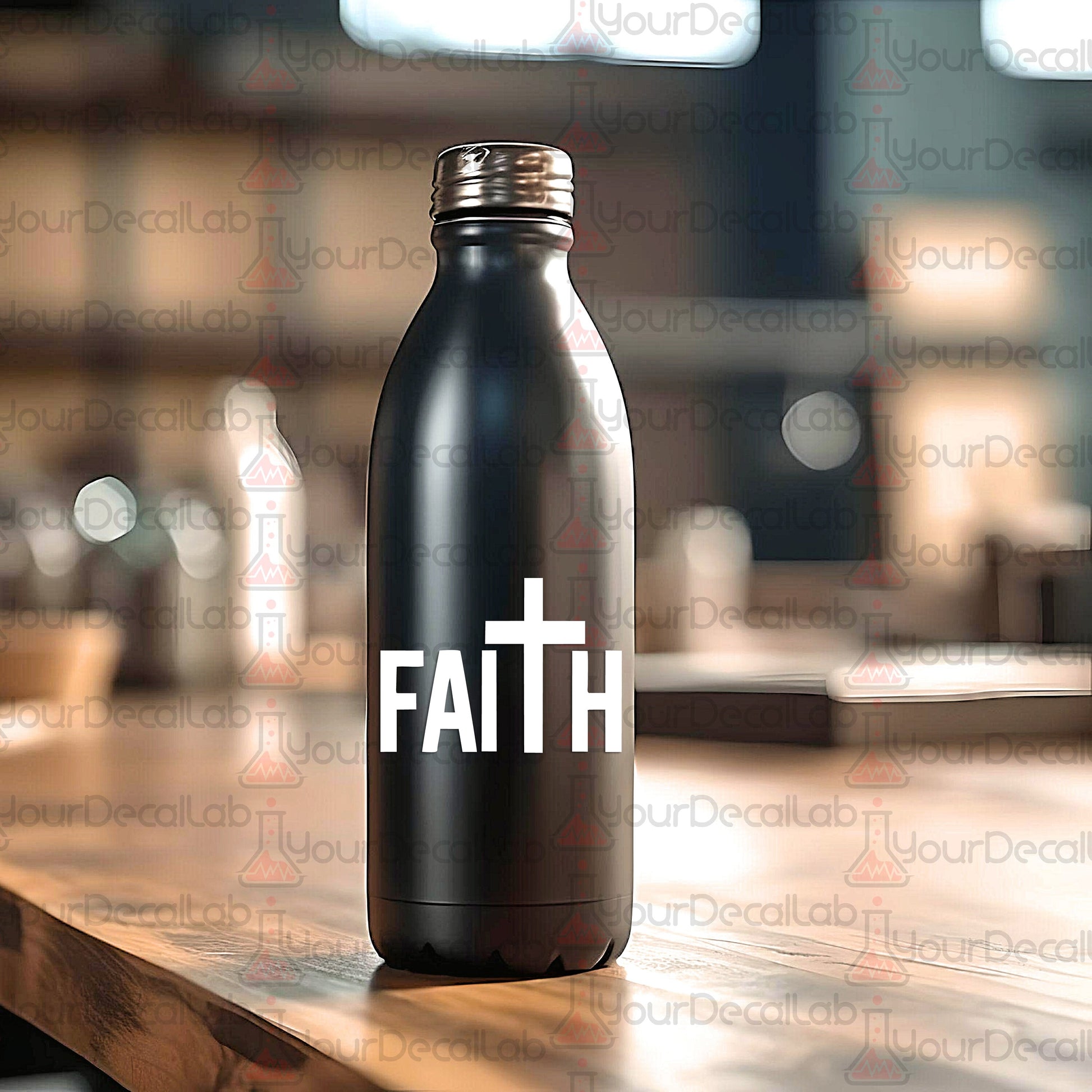 a black water bottle with the word faith on it