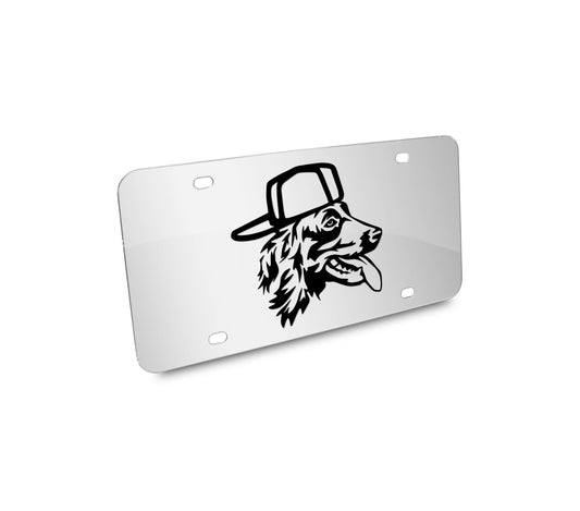 a metal license plate with a dog wearing a hat