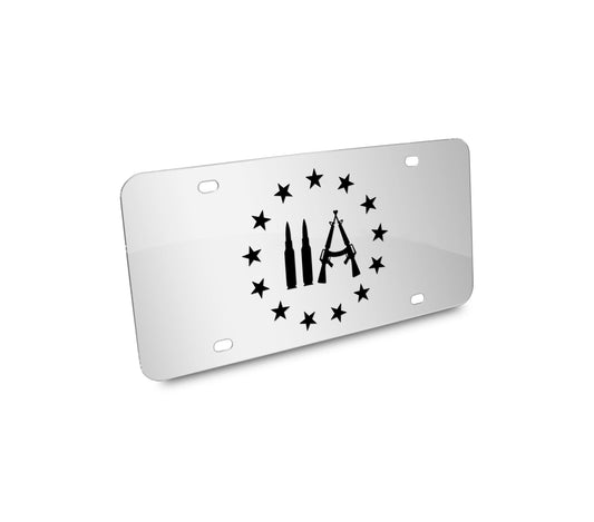 a white license plate with black stars on it