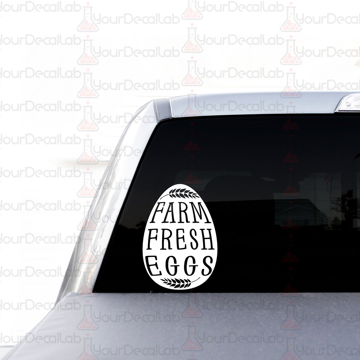 a sticker on the back of a car that says farm fresh eggs