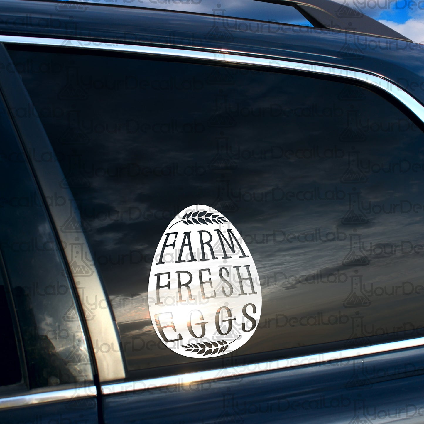 a sticker on the side of a car that says farm fresh eggs