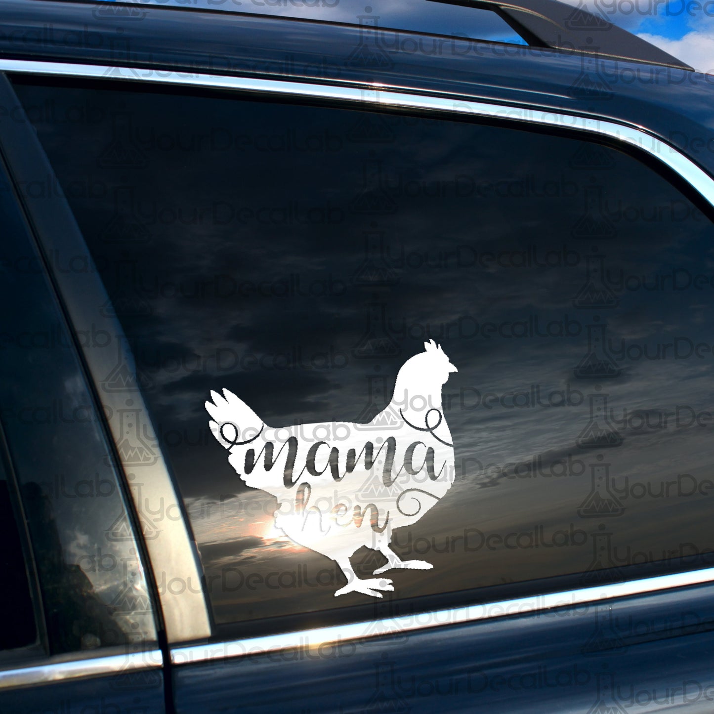 a sticker of a chicken on the side of a car