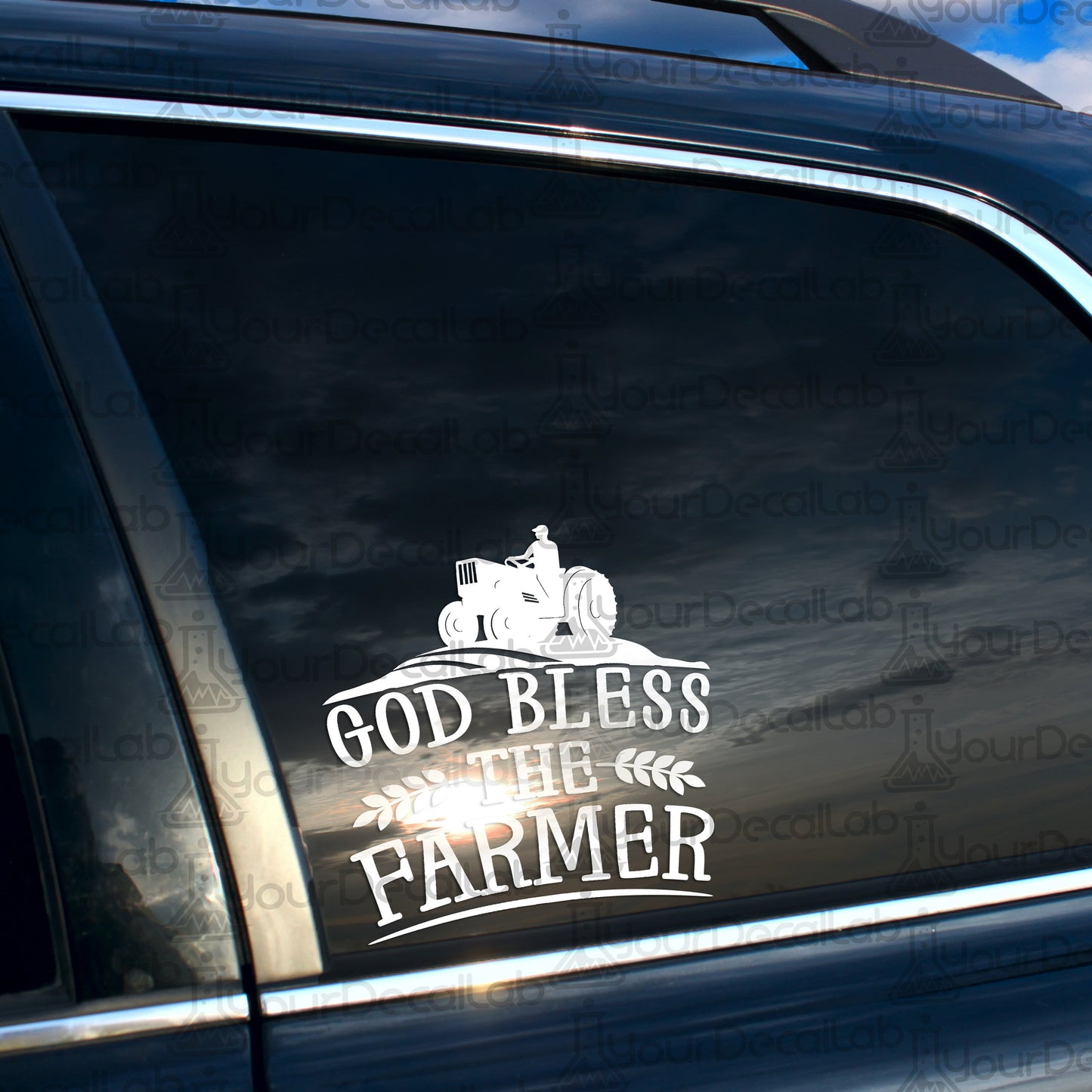 a sticker on the side of a car that says god bless the farmer