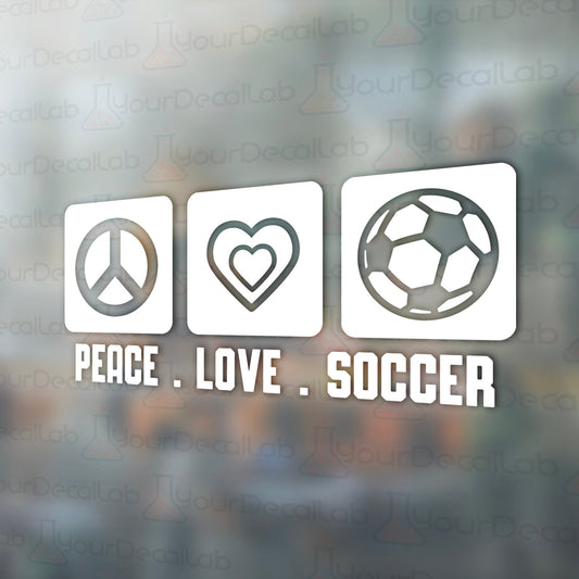 the peace love soccer sticker on a window