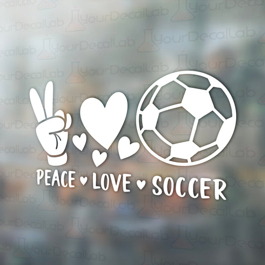 peace love soccer sticker on a window