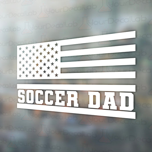 a sticker that says soccer dad with an american flag on it