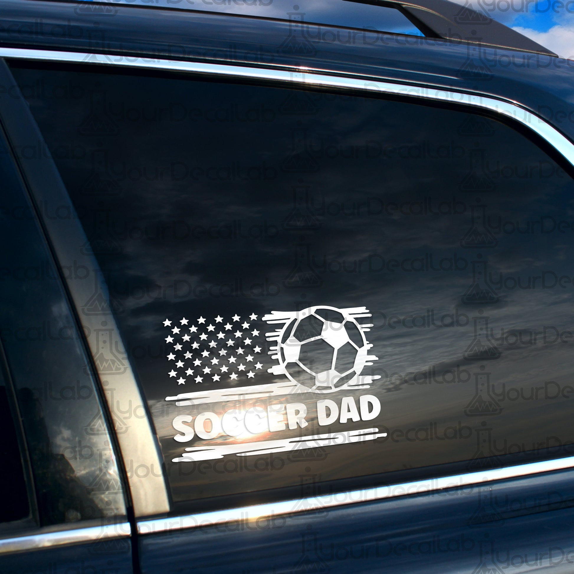 a soccer sticker on the side of a car
