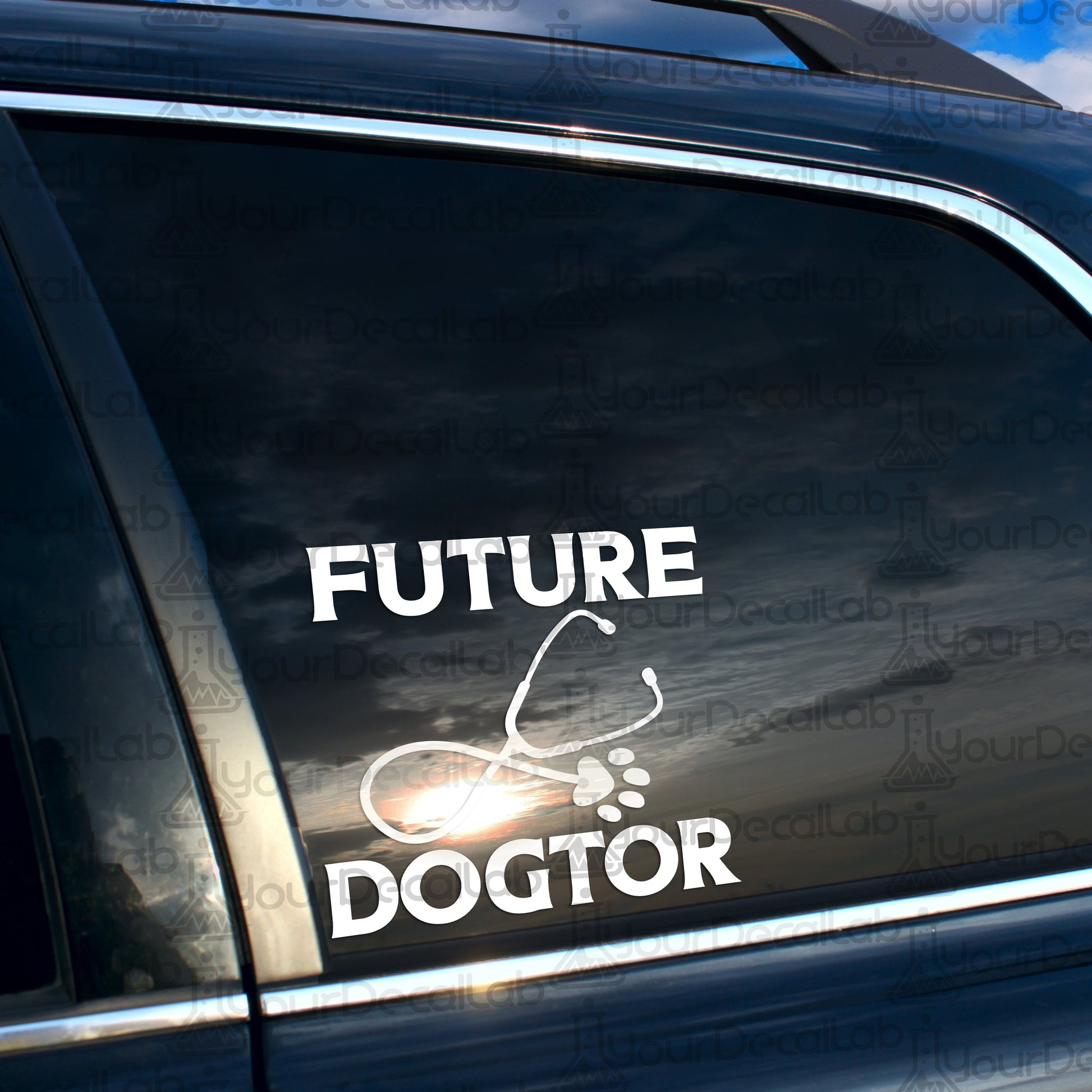 a sticker on the side of a car that says future doctor