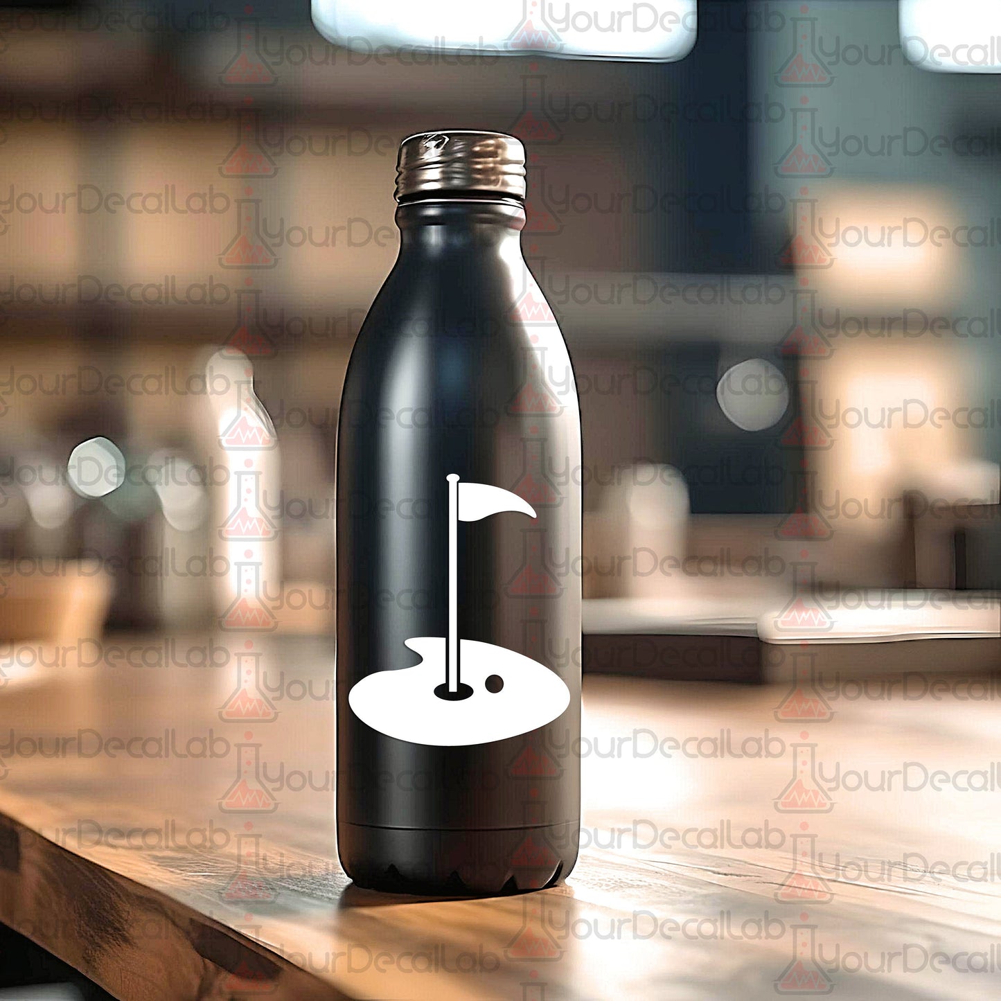 a black water bottle with a white golf flag on it