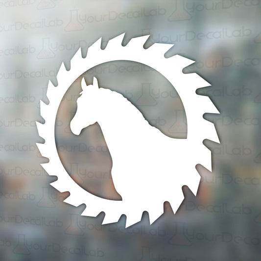 a white horse head in a circular cutout