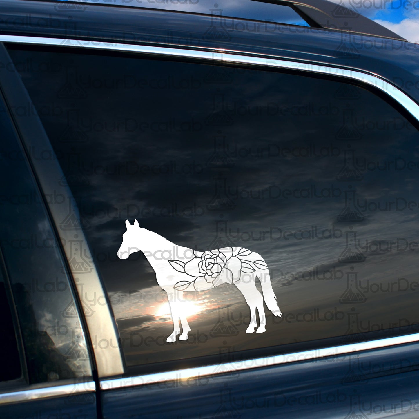 a sticker of a horse with a rose on it