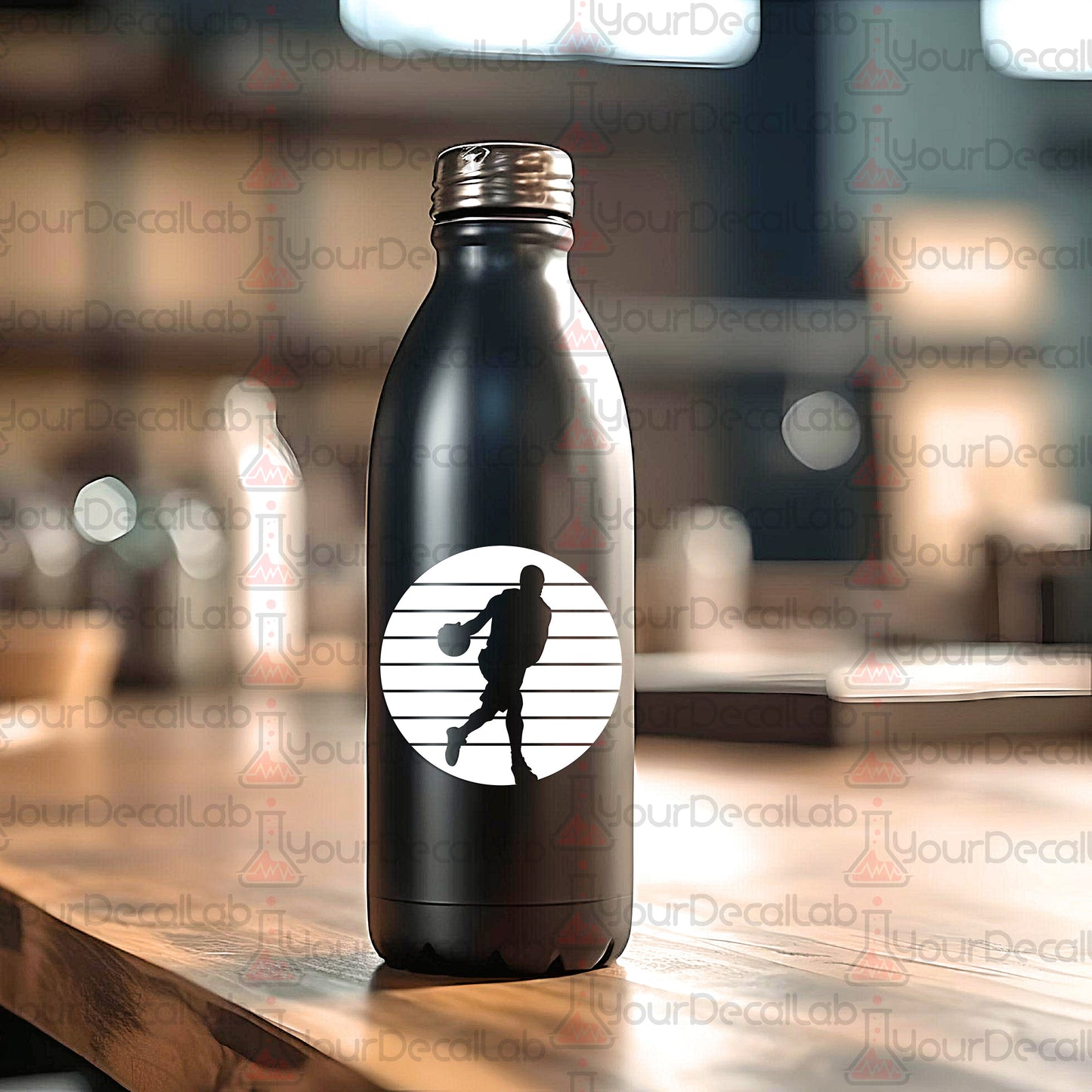 a black water bottle with a silhouette of a man holding a baseball bat