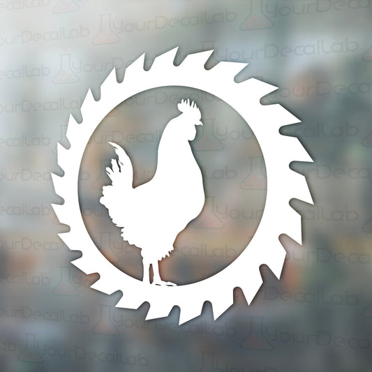 a white rooster in a circle on a window