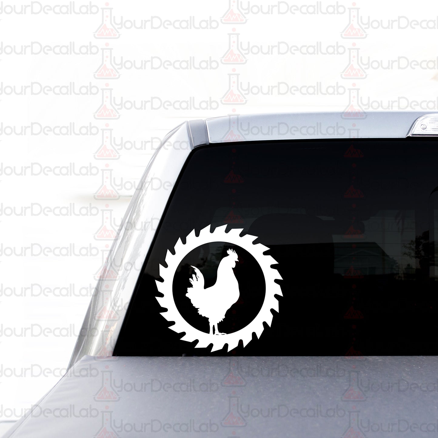 a car with a sticker of a rooster in a circle