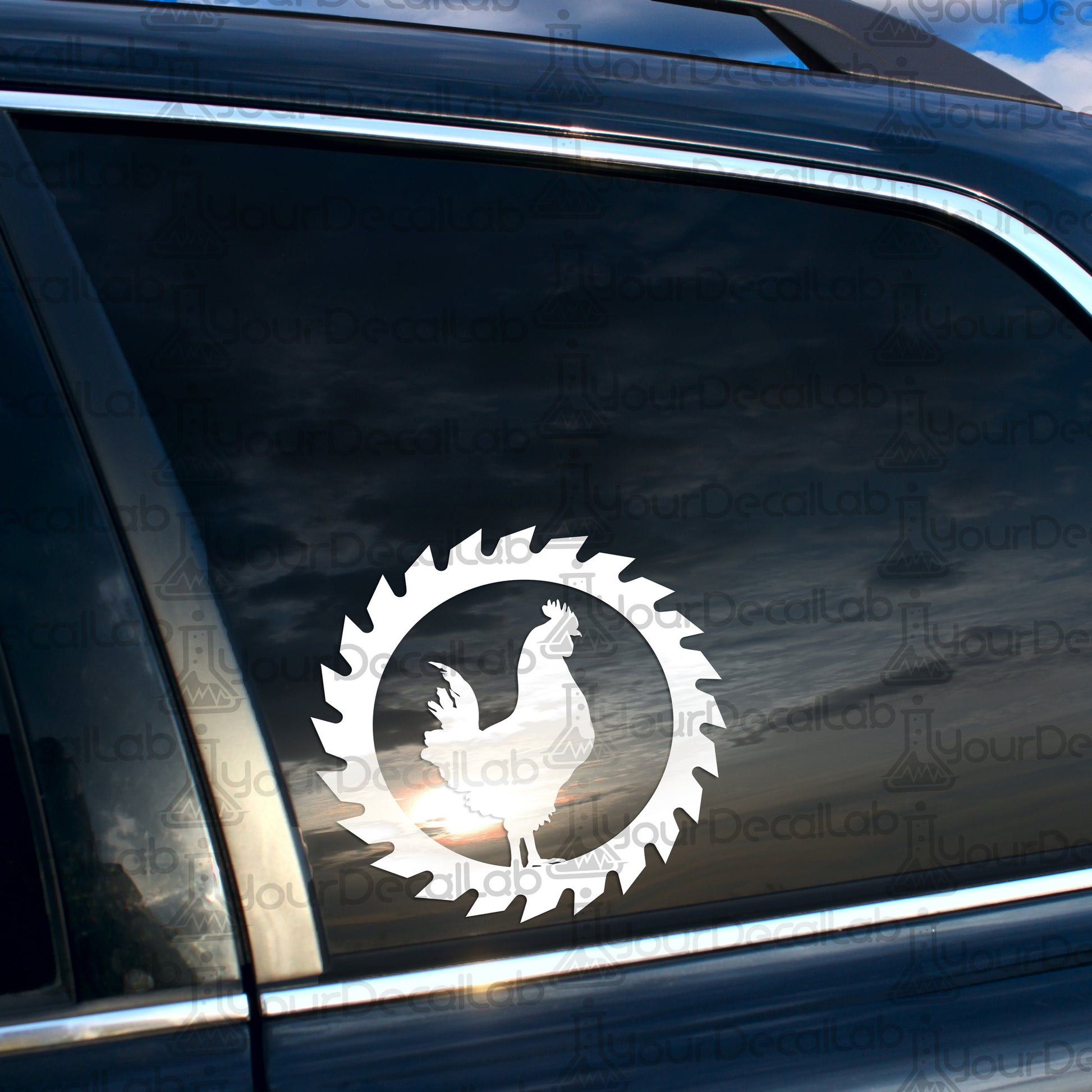 a car with a rooster sticker on it