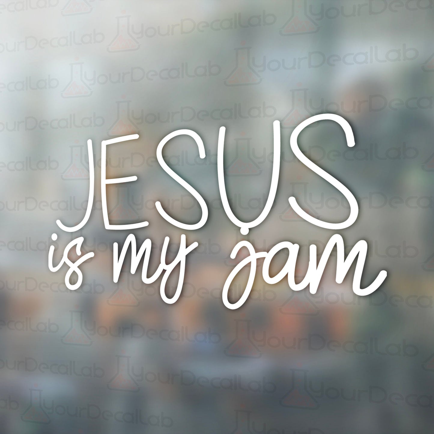 the words jesus is my jam on a blurry background