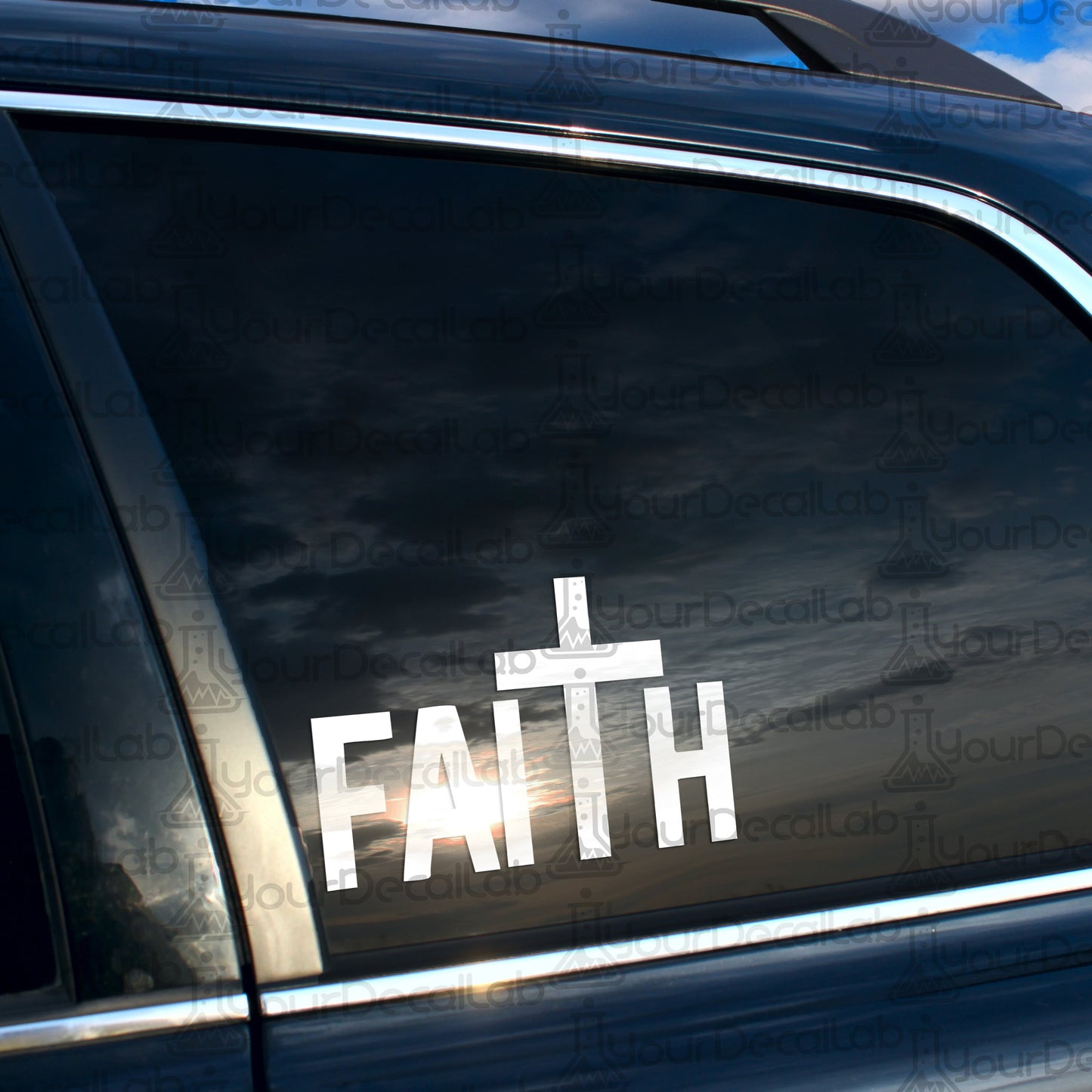 a car with a sticker that says faith