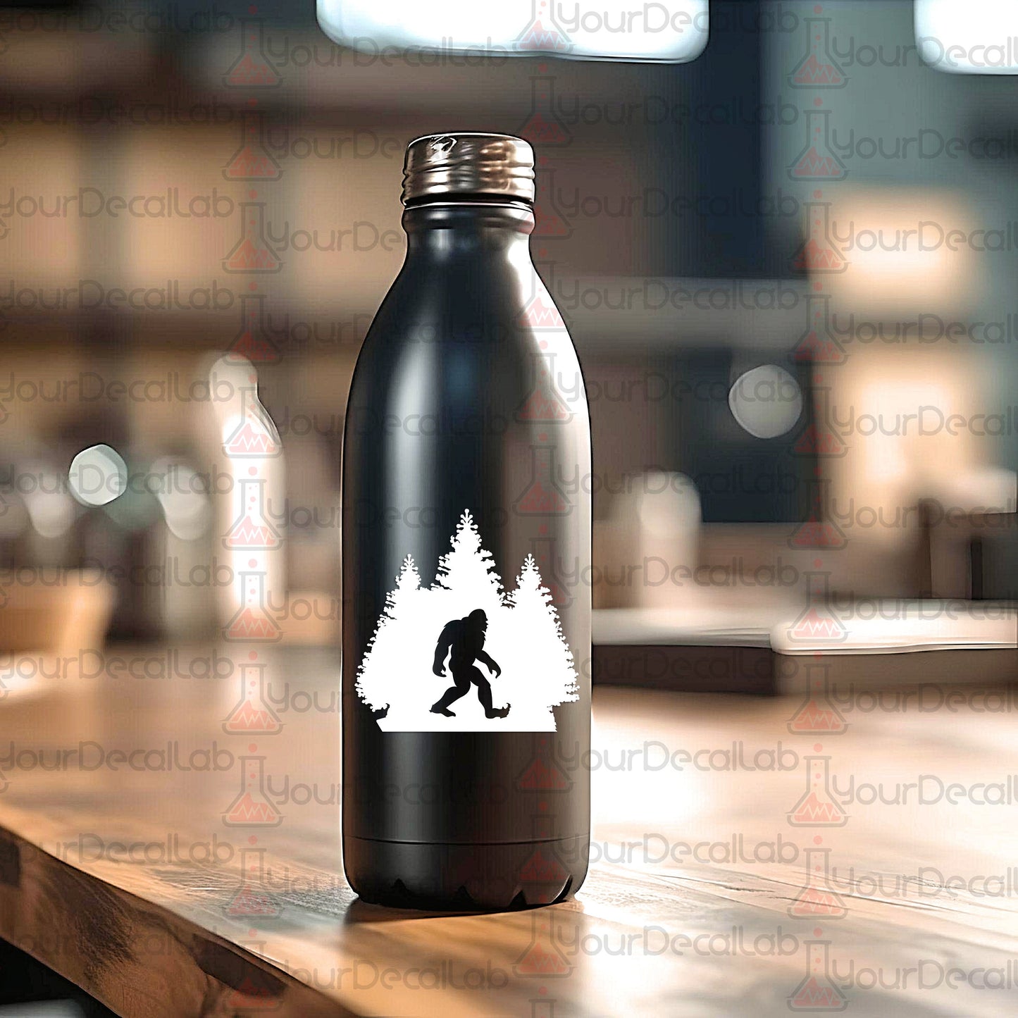 a black bottle with a white silhouette of a squatter on it
