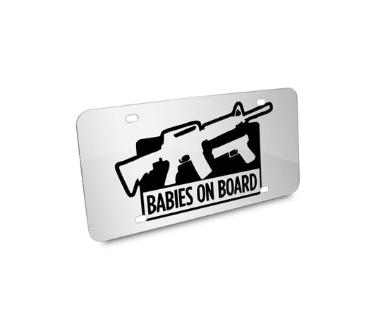 a white license plate that says babies on board