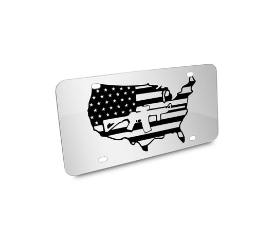 a metal license plate with an american flag on it