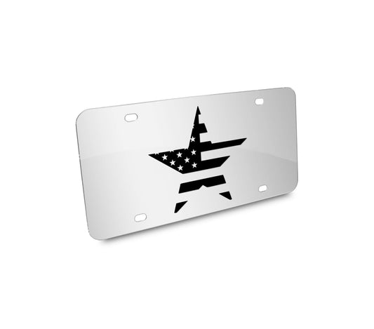 a white license plate with an american flag on it