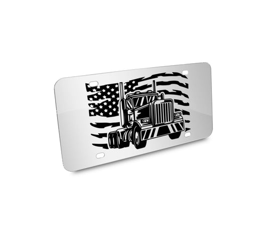 a white license plate with an american flag and a tractor