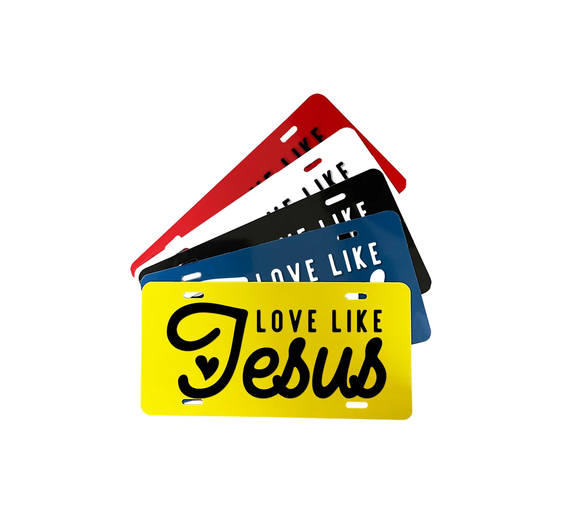 a yellow love like jesus license plate with black lettering